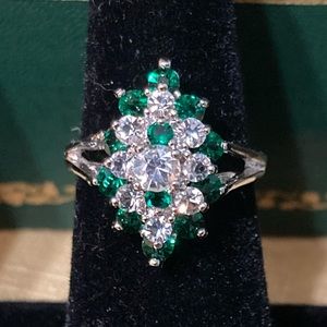 Round Faux Emerald & Diamond Silver-tone Cocktail Ring size 7